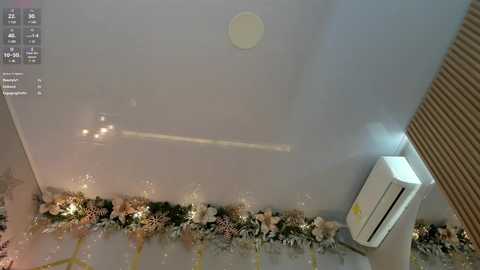 Media: Video of an indoor scene with a large, white, rectangular air conditioner mounted on the wall, surrounded by a decorative floral arrangement. The background shows a minimalist, modern interior with a round light fixture.