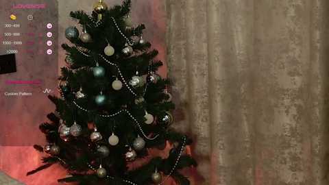 Media: Video of a decorated Christmas tree with silver and gold baubles, silver tinsel, and a string of white lights, set against a textured beige curtain background.