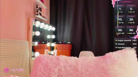 Media: Video of a cozy bedroom with pink walls, fluffy pink throw, mirrored vanity table, and a dark curtain. Live stream overlay shows chat statistics.