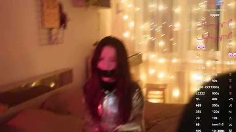 Media: A blurry photo of a person wearing a black mask, seated on a bed, surrounded by warm, glowing fairy lights. The background includes a wall with posters and a wooden headboard.