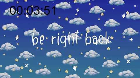 Media: A digital illustration featuring a night sky with stars, clouds, and a clock reading \"00:03:51\" in black text. The phrase \"be right back\" is written in white, playful handwriting. The background is a gradient of blue, representing the night sky.