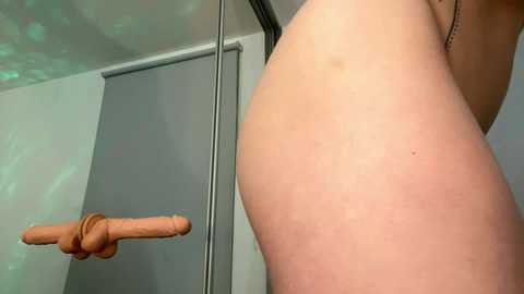 Media: Video of a nude, pregnant woman holding a realistic, flesh-colored dildo near a glass shower door. The woman's pale skin and large belly are prominent. The background shows a minimalist bathroom with a grey wall and a partially visible shower.