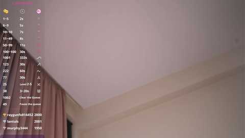 Video of a ceiling in a dimly lit room, featuring a white ceiling with a soft pink hue. A vertical list of numbers and names is visible on the left side, indicating a camera angle or streaming platform.