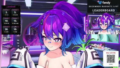 Media: A colorful, CGI image of a young, attractive woman with purple hair and cat ears, blushing, in a futuristic, neon-lit room.