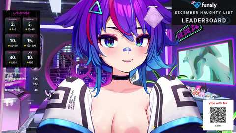 Media: A vibrant, digital anime-style image featuring a busty, purple-haired woman with green eyes and a choker, set in a futuristic, high-tech room.