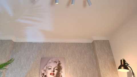 Media: Video of a beige-walled room with a Marilyn Monroe portrait, a modern lamp, and a ceiling fan with five blades.