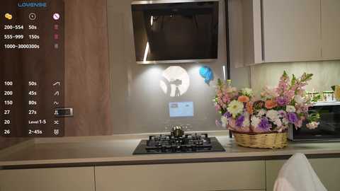 Media: Video of a modern kitchen with a beige countertop, stainless steel oven, floral centerpiece in a wicker basket, and a black gas stove.