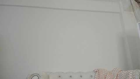 Media: Video of a minimalist, white-walled bedroom with a tufted, white leather headboard and a patterned, pastel-colored throw blanket draped over the edge. The background is plain, with no visible furniture or decor.