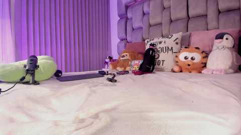 Media: A video of a cozy bedroom with plush white bedding, a tufted gray headboard, and a purple light source. Toys, including stuffed animals, a camera, and a microphone, are scattered on the bed.