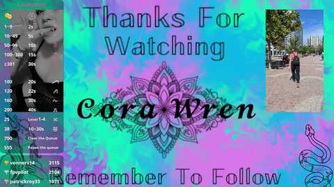 Media: A vibrant digital collage featuring a thank-you message to \"Cora Wren\" overlaid with a mandala, two photos, and social media statistics.