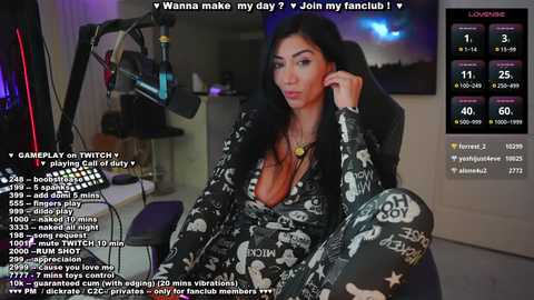 Media: Video of a woman with long black hair, wearing a black and white patterned onesie, sitting in a gaming chair. She has a neutral expression, with a Twitch stream overlay showing her viewership and chat messages.