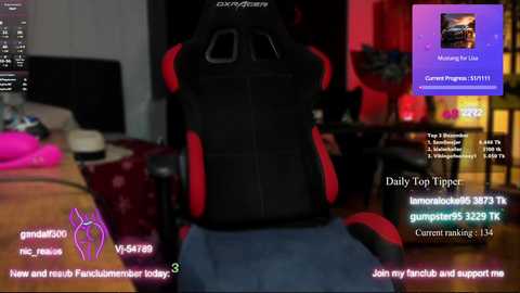 Media: A video of a Twitch streamer sitting in a red and black gaming chair with a computer monitor displaying streaming stats and chat messages.