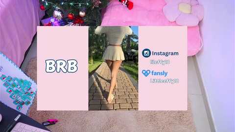 Media: Video of a young woman in a striped crop top and short skirt, walking on a brick path, with social media icons overlaid. Background includes a pink cushion and Christmas decorations.