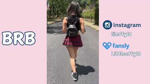 Media: A video of a young woman in a red plaid skirt, black top, and black backpack walking on a paved path surrounded by greenery. Social media icons and \"BRB\" text on a pink background.