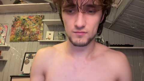 Media: Video of a young, shirtless man with tousled brown hair and a beard, gazing downward, in a cluttered, rustic room with wooden walls, colorful paintings, and shelves.