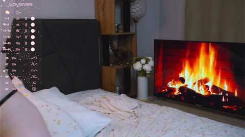 Media: A video of a cozy bedroom with a dark gray upholstered headboard, white bedding, and a large flat-screen TV displaying a roaring fire on the right.