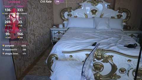 Media: Video of a luxurious bedroom with a white and gold ornate bed, white bedding, and a red chair in the background. Virtual user data overlays the image.