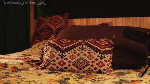 Media: Video of a cozy bedroom with a bed covered in a patterned, earth-toned blanket. Two decorative pillows feature intricate, Native American-inspired geometric designs in red, black, and white. The background includes wooden paneling and a dark window treatment, creating a warm, rustic ambiance.