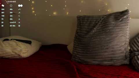 Media: Video of a cozy bedroom with a plush gray pillow on a red bedspread. Warm, glowing fairy lights adorn the beige wall behind, creating a soft ambiance.