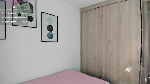 Media: Video of a minimalist bedroom with white walls, light wooden wardrobe, pink bed, abstract art, and a sleek modern lamp.