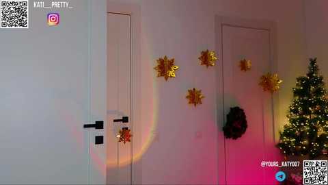 Media: Video of a festive room with a white wall, a closed door, and a lit Christmas tree adorned with golden star-shaped ornaments, creating a rainbow effect.