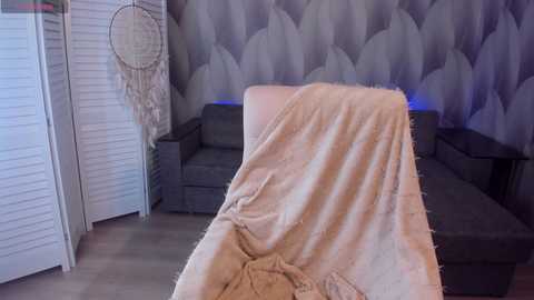 Media: Video of a modern living room with beige blanket draped over gray couch, textured wallpaper, white louvered screen, and dreamcatcher hanging in corner.