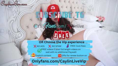 Media: Video of a woman in a red hat and white lingerie lying on a luxurious, white, tufted bed. Text overlay advertises a \"VIP Experience\" with OnlyFans.