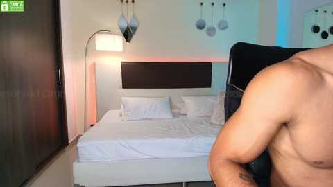 Media: Video of a modern bedroom with a white bed, dark headboard, and blue pendant lights. A shirtless, muscular man's torso is partially visible in the foreground, wearing a black hoodie.