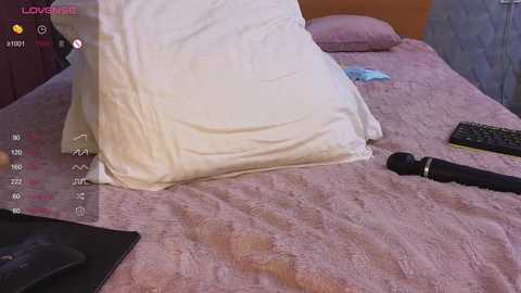 Media: Video of a woman's head resting on a pink, patterned bedspread, with a black vibrator and laptop on the bed, and a blue sheet partially visible in the background.