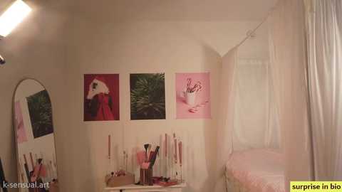 Media: A video of a girl's bedroom with pink and white walls, featuring a white canopy bed, a full-length mirror, and three framed artworks. The room is softly lit, creating a serene atmosphere.