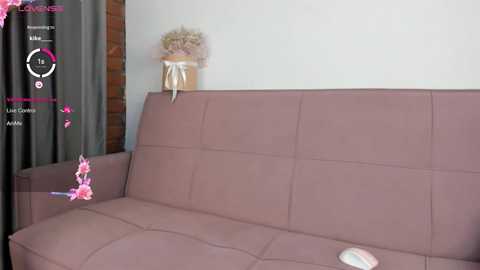 Media: A video of a modern, light pink sectional sofa against a white wall, adorned with pink floral arrangements and a decorative vase.