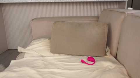 Media: Video of a modern, minimalist bedroom with beige cushions on a bed with white bedding. A bright pink vibrator lies on the sheets near the pillows.