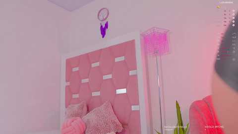 A video of a pink-themed bedroom with a tufted headboard, decorative pillows, a purple dreamcatcher, and a tall, pink lamp.