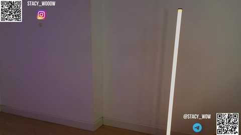 Media: Video of a dimly lit room with a white wall and a vertical LED strip emitting a soft glow. QR codes for Instagram, Twitter, and a Discord icon are visible.