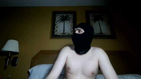 Media: Video of a shirtless man with a black ski mask in a dimly lit bedroom with a wooden headboard and two framed palm trees on beige walls.