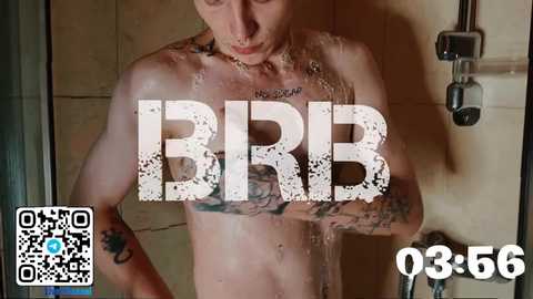 Media: A video of a topless, slim, fair-skinned woman with tattoos, standing in a shower. Water streams down her body, obscuring her breasts. The text \"BBB\" is superimposed over her.