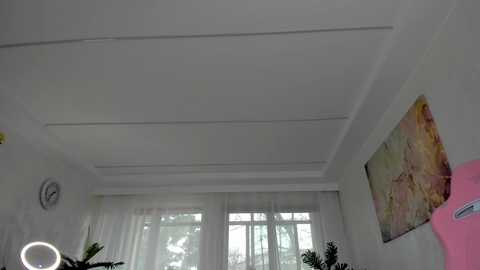 Media: Video of a bright, modern living room with white walls and a high ceiling. A large window with sheer white curtains allows natural light to flood in. A colorful abstract painting hangs on the right wall.