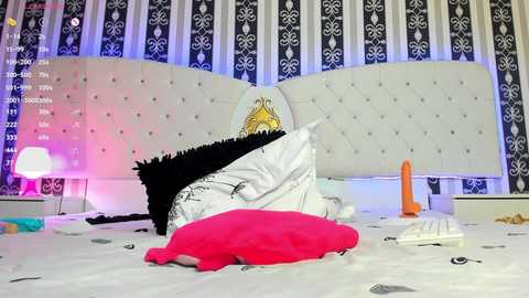 Media: Video of a plush, tufted white bed with a black-and-pink pillow, surrounded by a black-and-white patterned wall, featuring a smartphone with a pink case, an orange dildo, and a white vibrator on the bed.