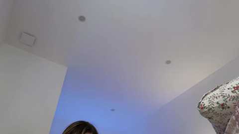 Media: Video of a ceiling with three recessed lights and a white wall, partially visible floral-patterned cushion in the foreground.