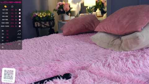 Media: Video of a cozy bedroom with a pink, fluffy bedspread, two pink and beige pillows, and a black remote control on the floor. Background features a vase of flowers, a lamp, and a framed picture.