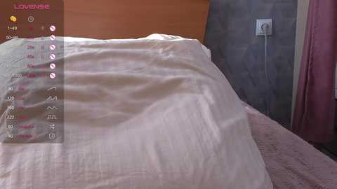 Media: A video of a bed with a white sheet, a wooden headboard, and a grey wall with a light switch. The image is overlaid with a \"Lovense\" app interface showing controls and settings.