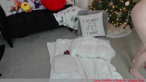 Media: Video of a messy room with a white cat bed, plush toys, a red balloon, and a Christmas tree with lights.