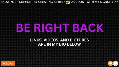 Media: A digital graphic with a black diamond-patterned background features bold purple text saying \"BE RIGHT BACK,\" followed by \"LINKS, VIDEOS, AND PICTURES ARE IN MY BIG BELLY,\" in white.