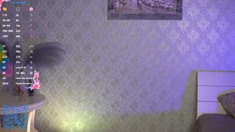 Media: Video of a bedroom with a textured gray wallpaper, a white bed, and a small round table with pink flowers. A virtual reality headset is visible on the left, with a game menu displaying \"Chillout\" and \"The Forest\" on the screen.