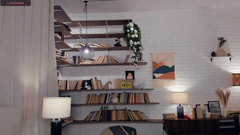 Media: Video of a cozy, modern living room with white brick walls, wooden bookshelves filled with books, a hanging plant, a colorful abstract painting, and a decorative lamp on a wooden side table.