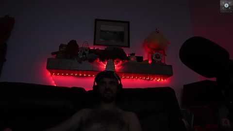 Media: Video of a man with long hair, shirtless, sitting in a dimly lit room with a red LED strip light on a shelf behind him, featuring plush toys and a framed picture.