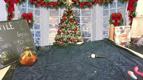 Media: Video of a festive room with a decorated Christmas tree, a chalkboard sign, red and green garlands, and a tablecloth.