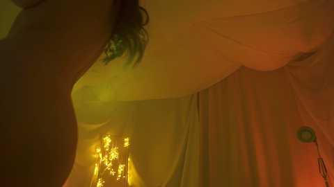 Media: Video of a dimly lit room with a green-haired person standing, a glowing yellow lamp, and a beige curtain.