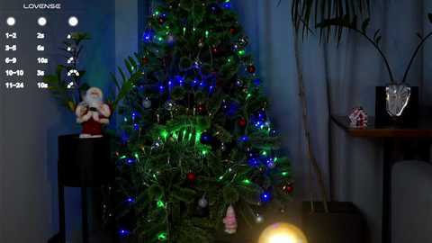 A video of a cozy, lit Christmas tree with colorful lights and ornaments, standing next to a small Santa figurine on a black table. A potted plant and a lamp add to the festive ambiance in a dimly lit room.