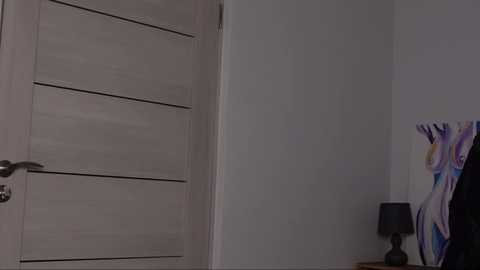 Media: A video of a minimalist bedroom corner featuring a closed, light-colored wooden door with horizontal paneling, a plain white wall, and a dark lampshade on a wooden nightstand.